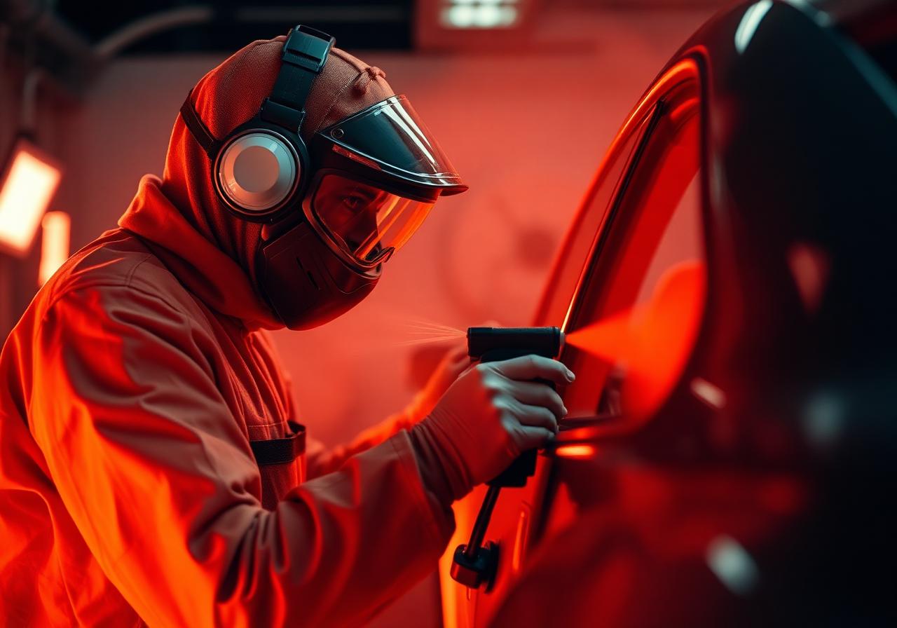 Auto painter refinishing a panel at Ascend Collision Center